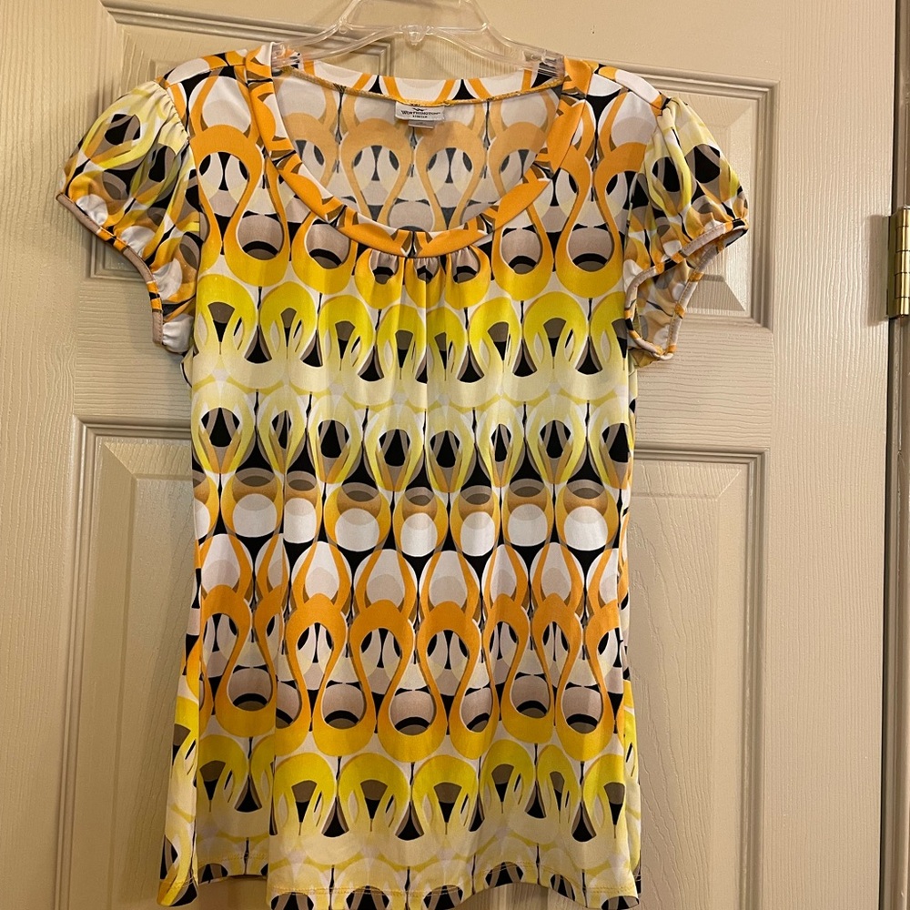 Worthington Stretch Yellow & Black Patterned Scoop Neck Women's‎ Top, Size Small